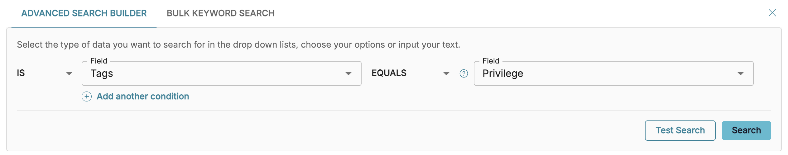 Search builder interface for filtering data by tags and privileges in a database.